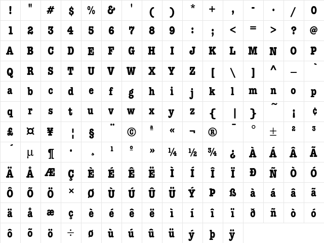 AmTypewriterEF BoldCond  glyph index