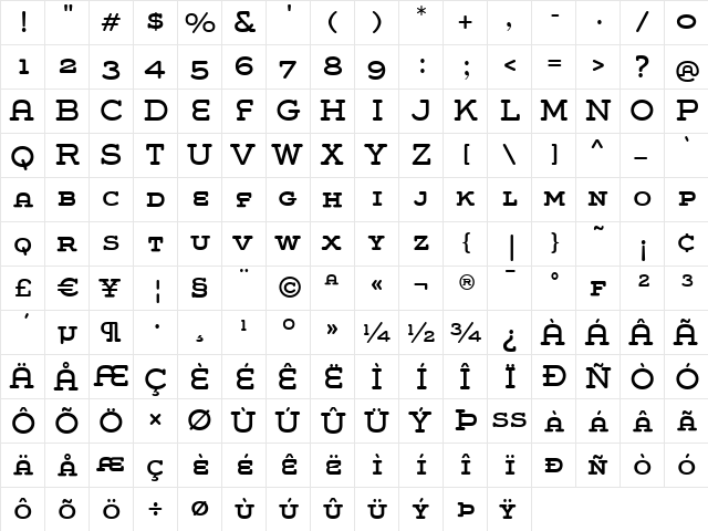 Grover Slab Caps Regular  glyph index