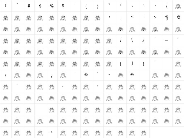 BillyBear Bunny Regular  glyph index