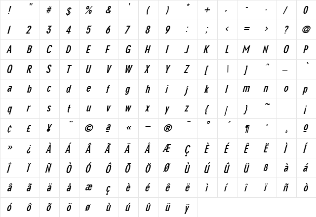 NewGlobal Italic  glyph index