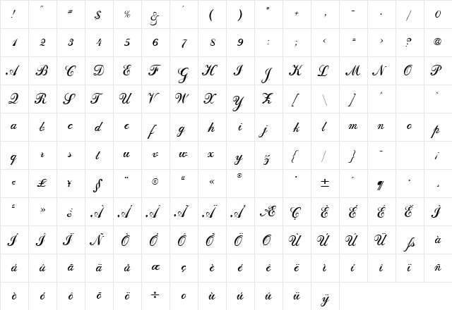 DahlingScriptSSK Regular  glyph index