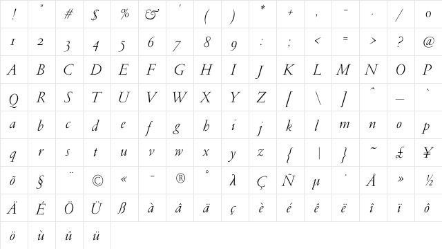 PF Garamond Classic OsF Light Italic  glyph index