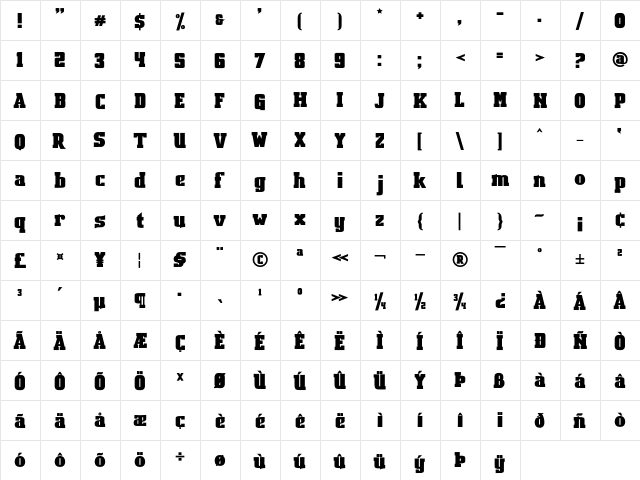 Bosih Regular  glyph index