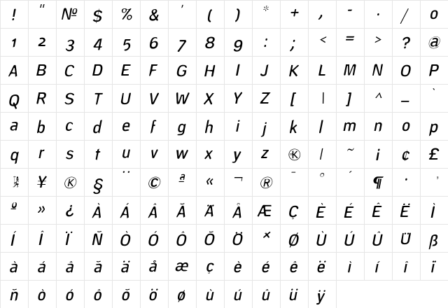 DeconStruct-LightOblique Regular  glyph index