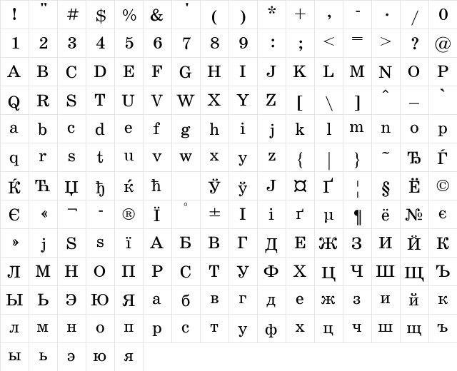 SchoolBookAC Regular  glyph index