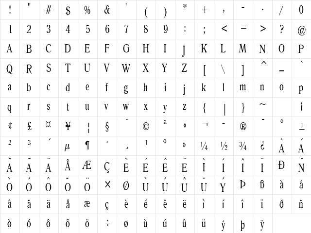 Roomy Thin Normal  glyph index