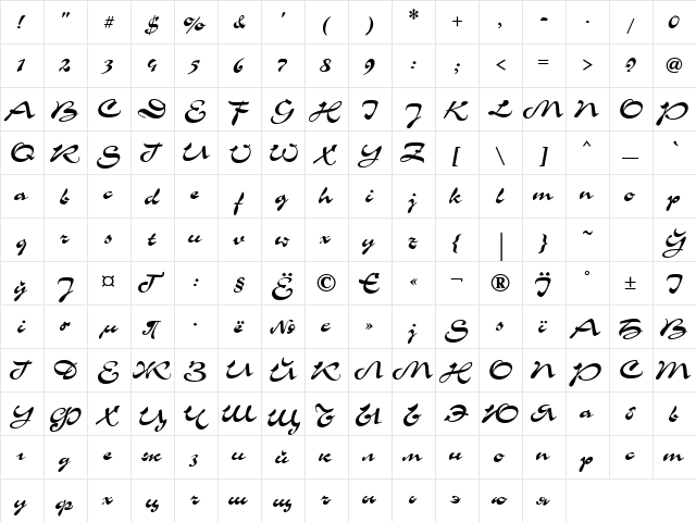 CorridaC Regular  glyph index