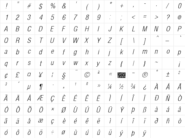 ArenaCondensedLight Italic  glyph index