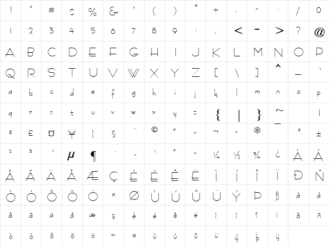 Bernhard Fashion ATT Regular  glyph index