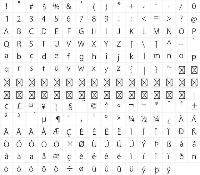 Kozuka Gothic Pr6N L  glyph index