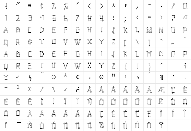 WrenchedLetters Regular  glyph index