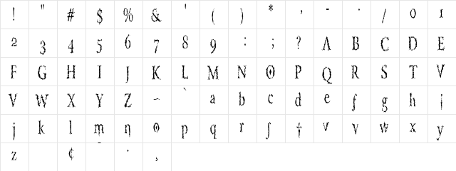 PorcupineRomanCondensed Regular  glyph index