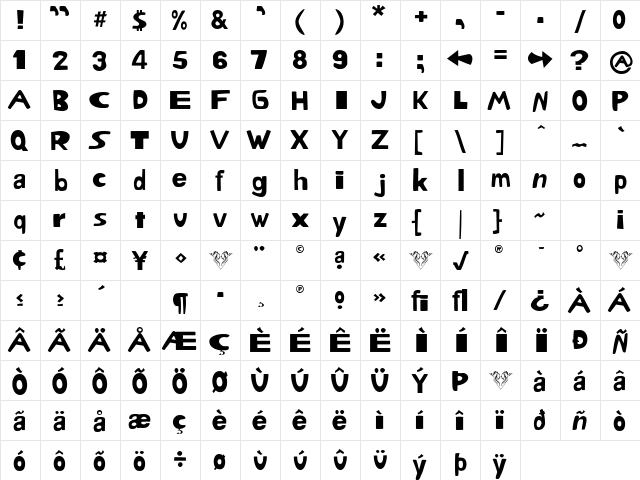 Oogabooga Irregular  glyph index