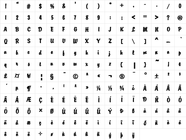 DTC Brody M40 Regular  glyph index