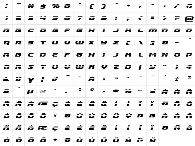 Annapolis Laser Italic Italic  glyph index