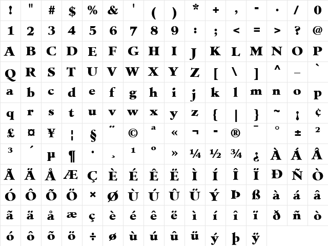 Minister LT Black Regular  glyph index