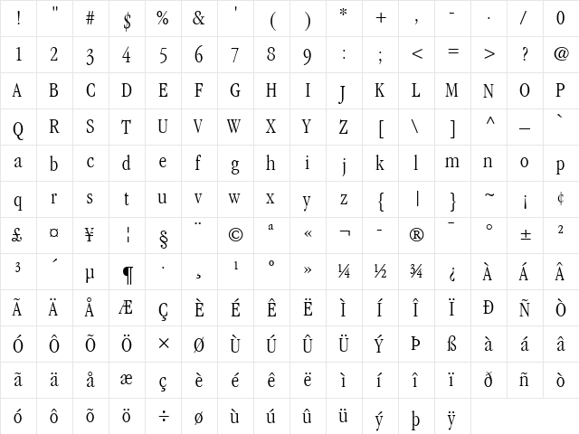 Garamond LT LightCondensed Regular  glyph index