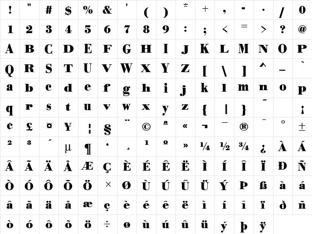 United Regular  glyph index