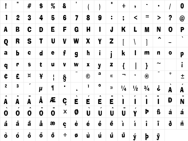 Alor Narrow Condensed Bold  glyph index