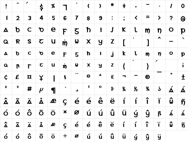 Gael A Bold  glyph index