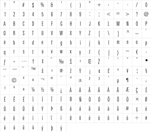 LTUnivers 310 CompLight  glyph index