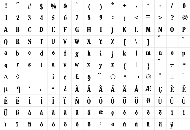 SorbetCondensed Bold  glyph index