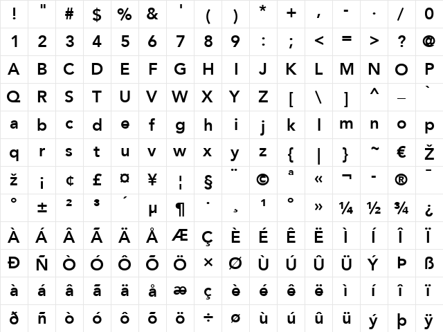 Avenir LT 55 Roman Bold  glyph index