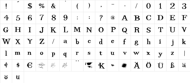 DancingSuperserif Regular  glyph index