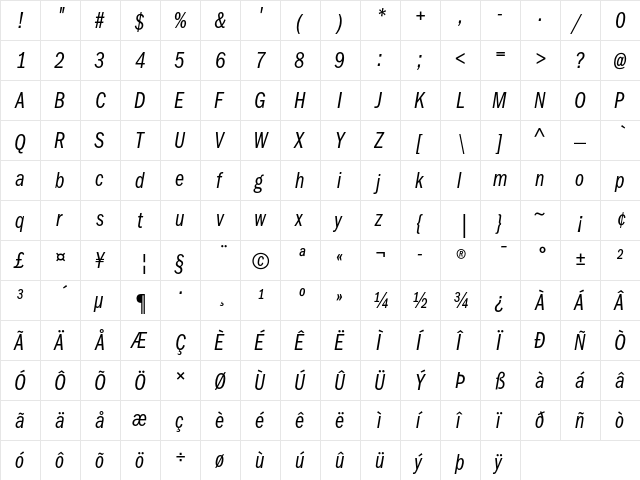 ITC Franklin Gothic Book Compressed Italic  glyph index