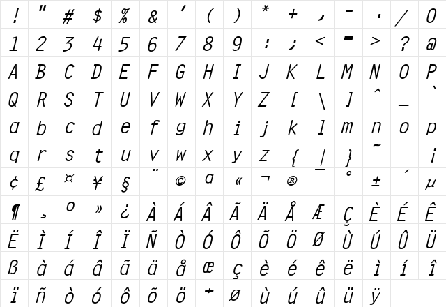 Clean Italic  glyph index
