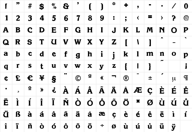 KorinthSerial-Xbold Regular  glyph index