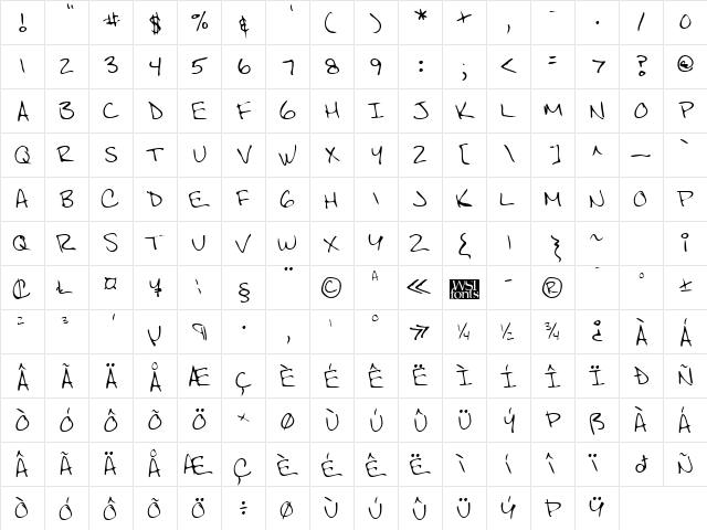 JeffreysHand Regular  glyph index