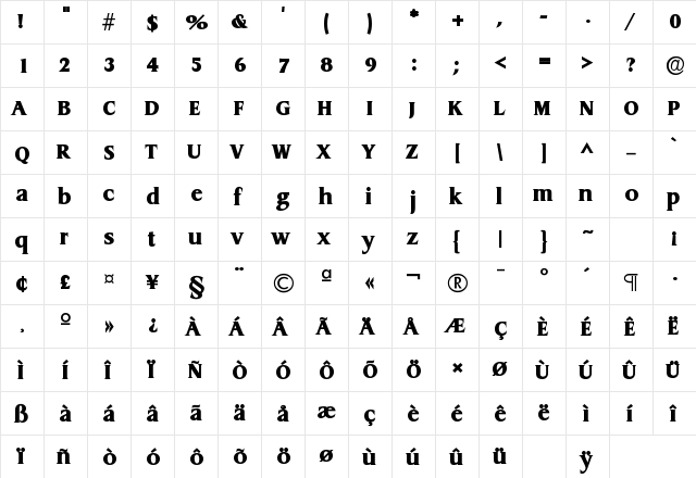 DragonLH Bold  glyph index