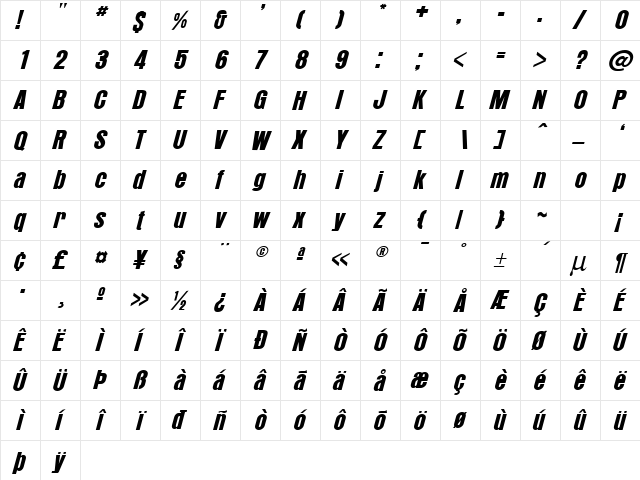 Aurora-Italic Normal  glyph index