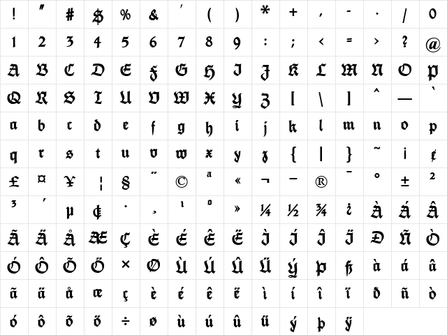 FetteThannhaeuser UNZ1 Regular  glyph index