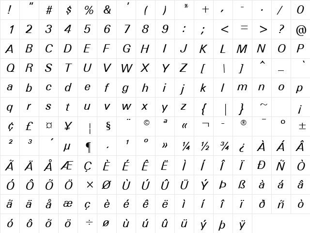 Black Dog 14 Italic  glyph index