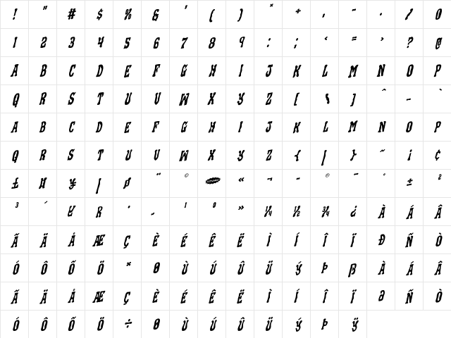 Black Gunk Rotalic Italic  glyph index