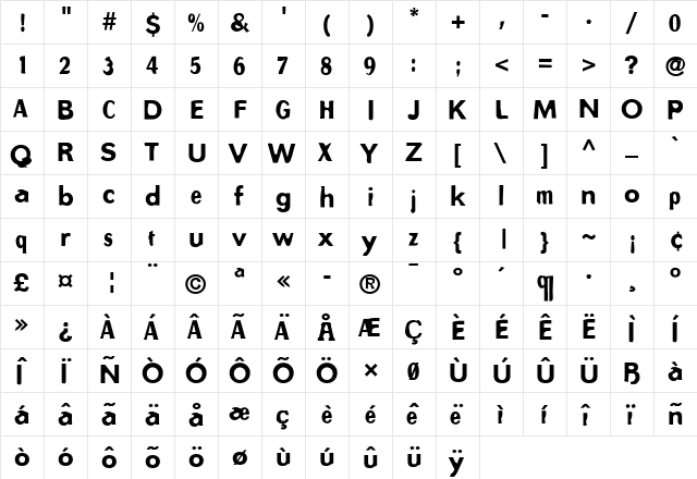 Mullethead Medium  glyph index