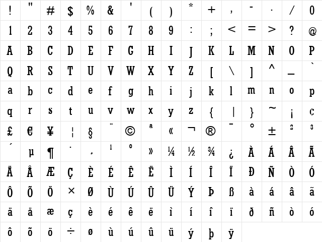 RockyXCond Regular  glyph index