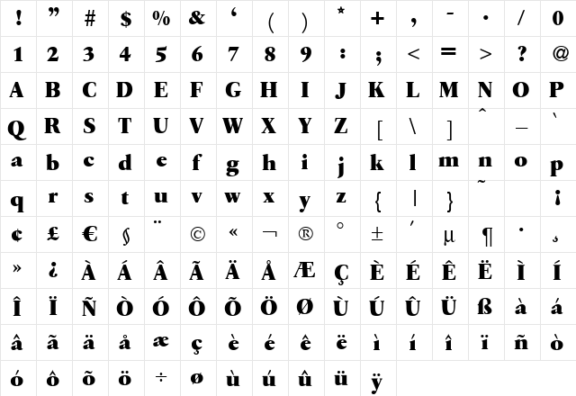 Q650-Roman-Xbold Regular  glyph index