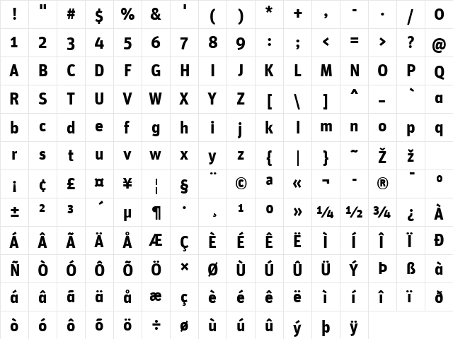Unit-BoldAlternate Regular  glyph index