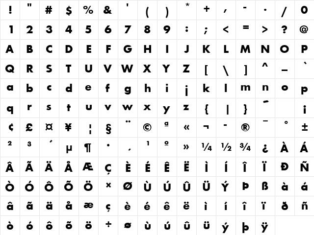 Fuschia Bold  glyph index