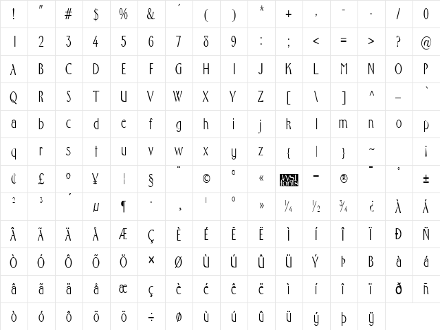 FosterCondensed Regular  glyph index