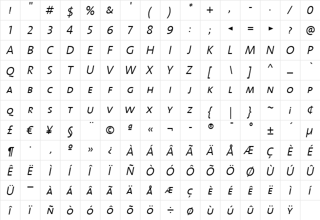 TheSans Italic  glyph index