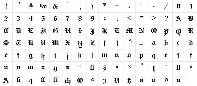 Engravers Old English BQ Regular  glyph index