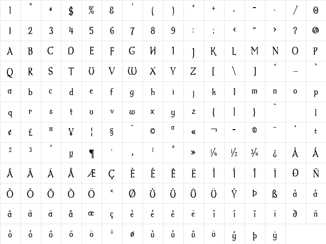 Dumbledor 2 Thin Regular  glyph index
