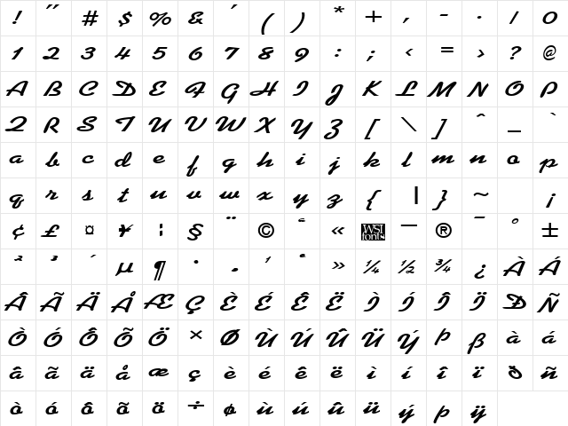 KoffeeWide Bold  glyph index