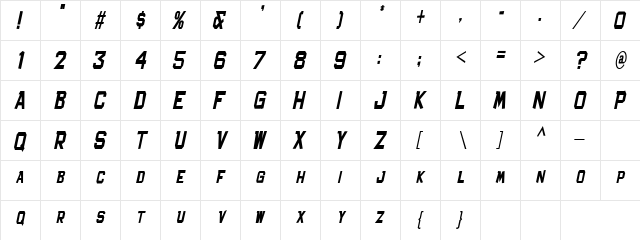 Bachelor Pad Condensed JL Italic  glyph index
