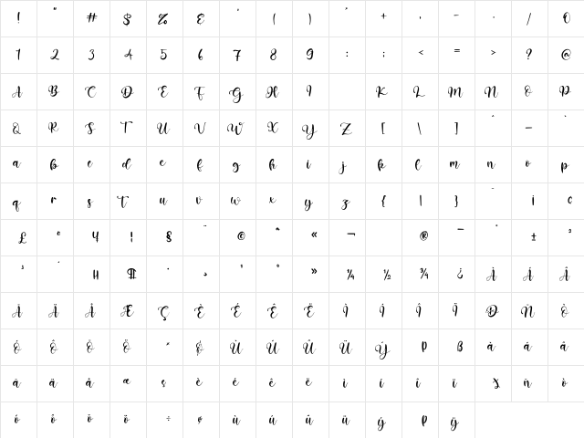 Envellope Regular  glyph index
