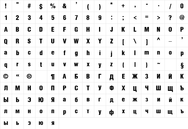 Helvet BC Regular  glyph index